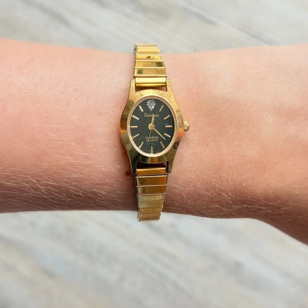 Vintage Armitron Diamond Quartz Gold Tone Watch Black Dial Dainty Working
